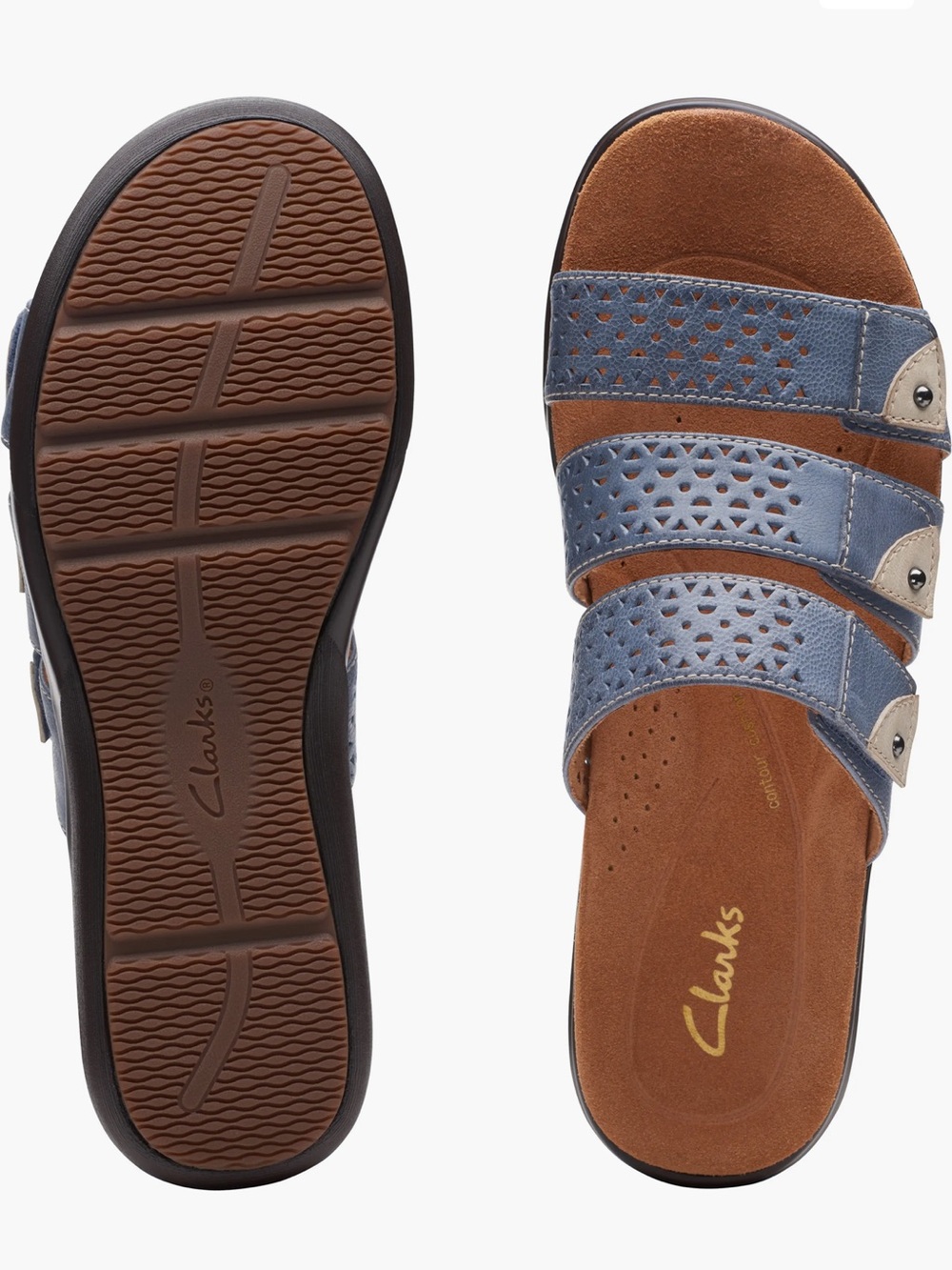Clarks Women's Kitly Walk Light Blue Triple-Strap Laser-Cut Slide Sandals - Picture 2 of 13